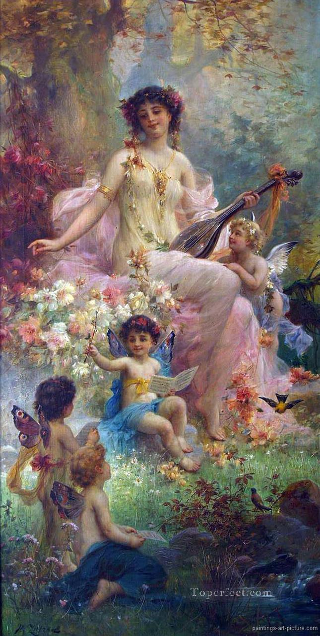 beauty playing guitar and floral angels Hans Zatzka classical flowers Oil Paintings